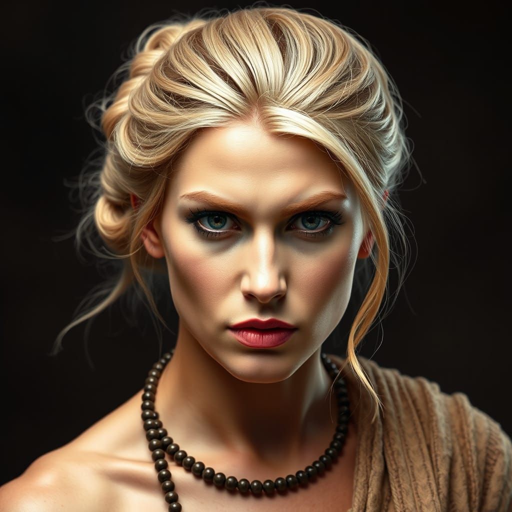 A stunning, but fierce Etruscan woman with her blonde hair p...