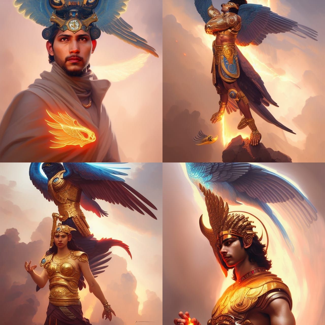 Winged Horus Portrait with Fire, Detailed Art