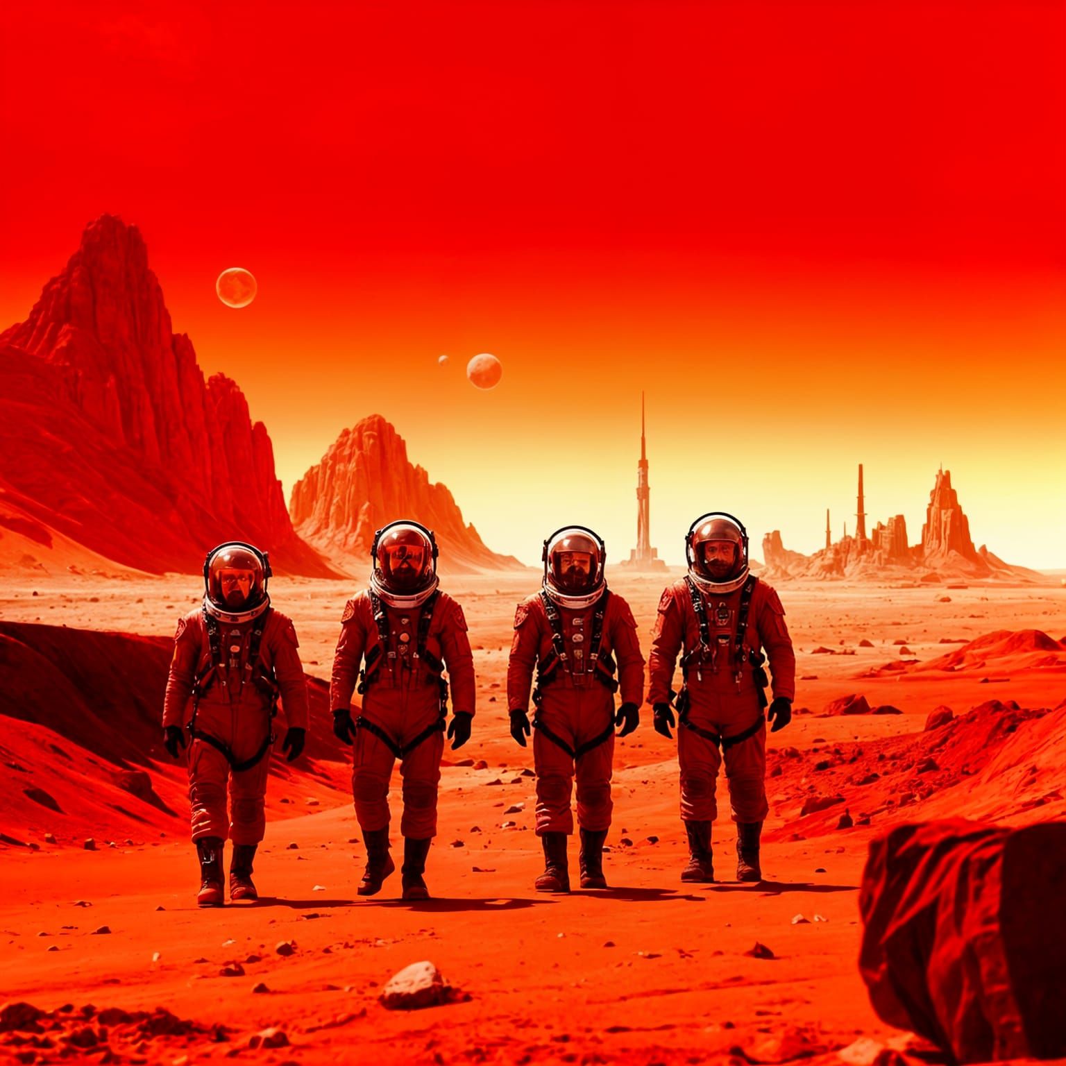 Soviet Cosmonauts on Mars in Retro-Futuristic Style