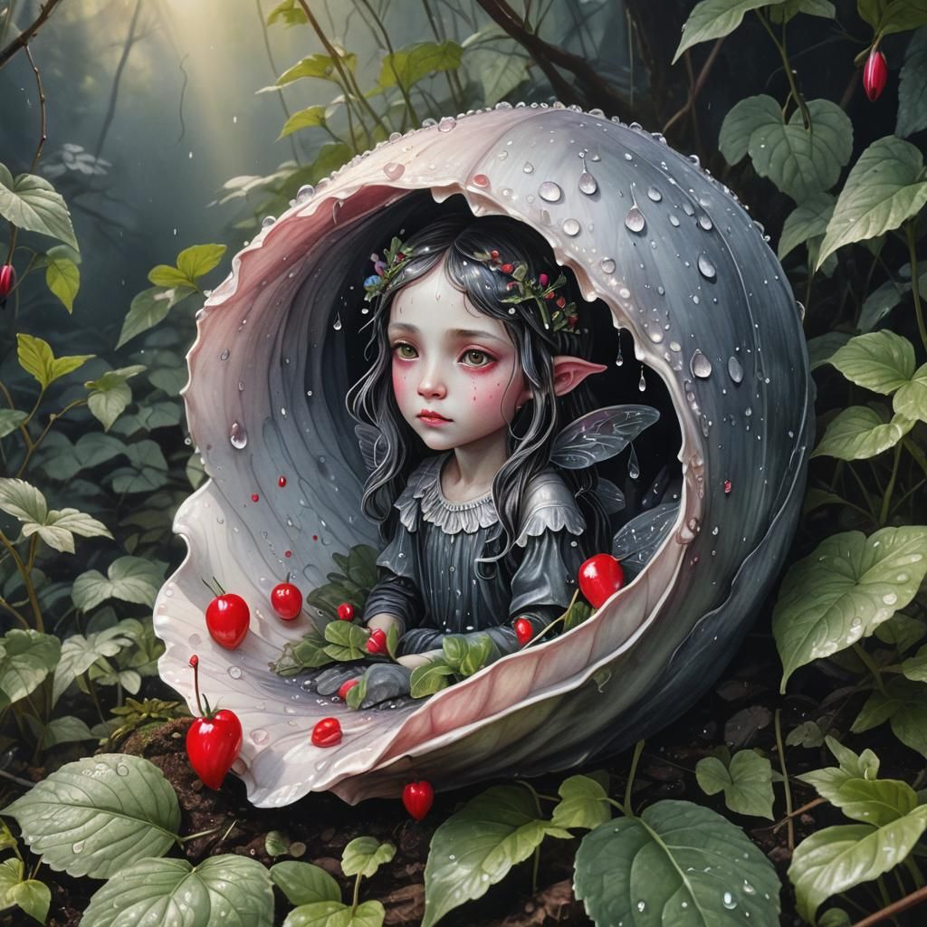 Bleeding Heart Fairy in Shell: Charcoal Watercolor