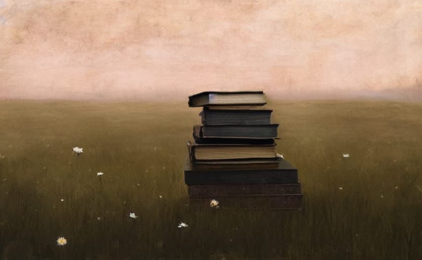 Surreal Oil Painting of Books in a Field