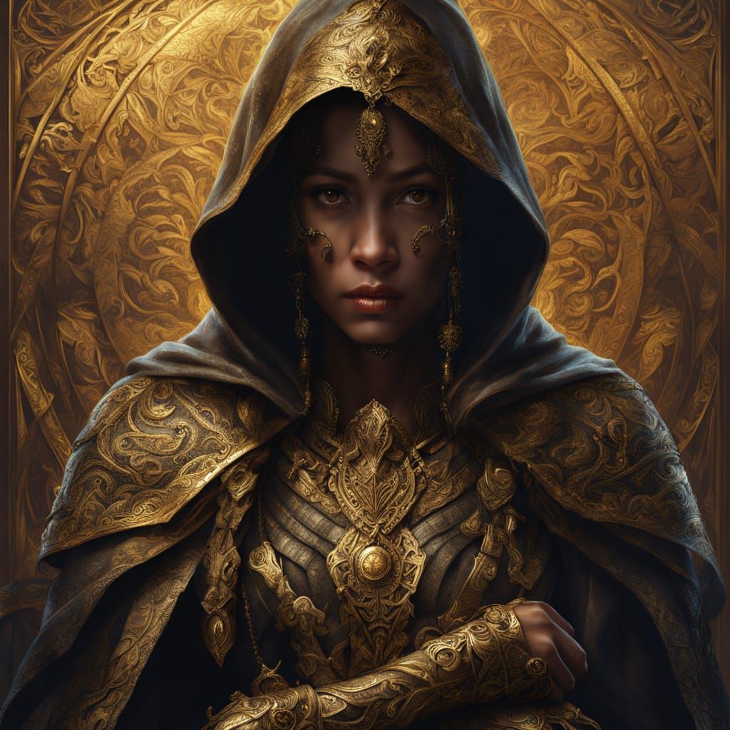 Fierce Warrior Woman in Ornate Gold Armor