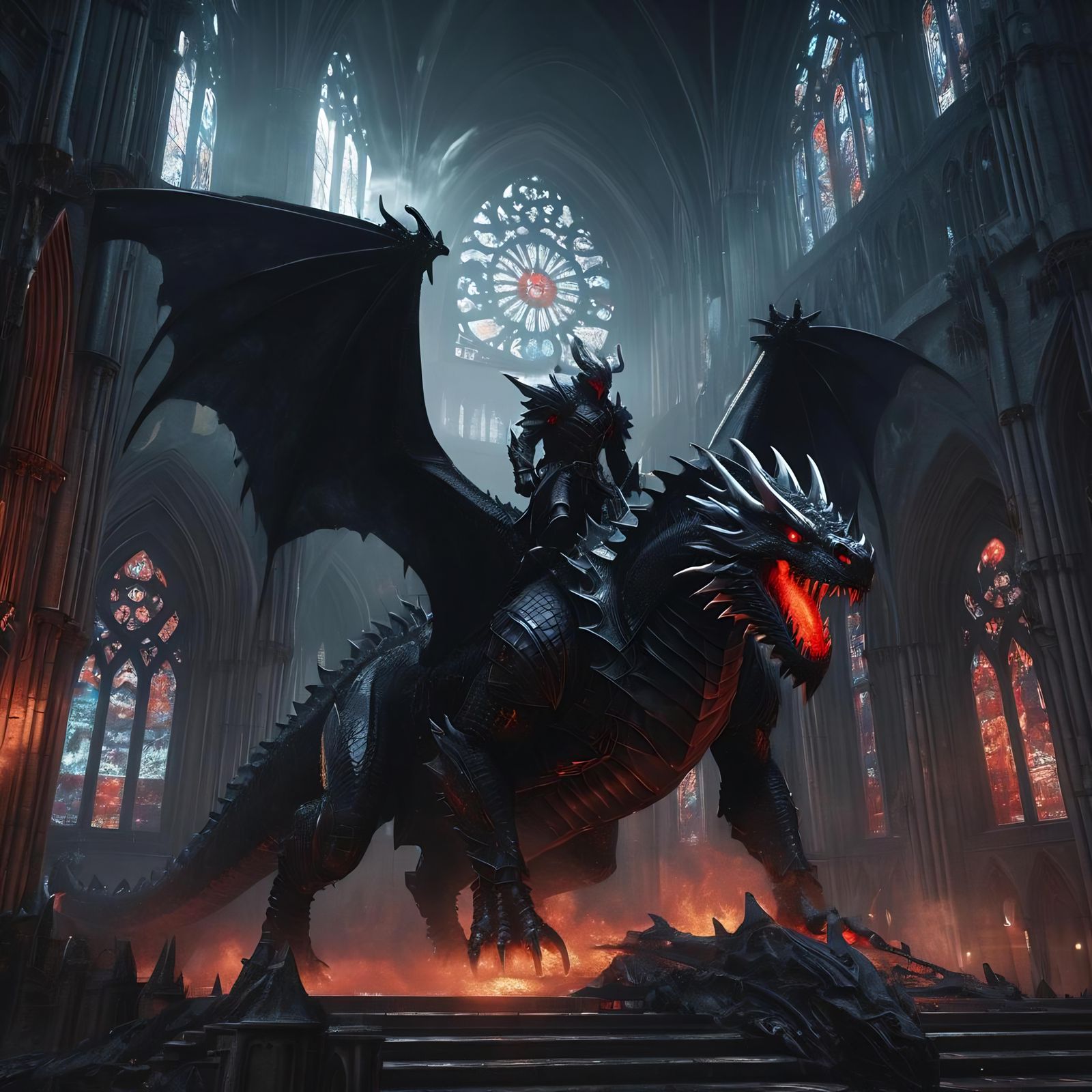 Gothic Colossus on Dragon Perched Above Cathedral Ruins