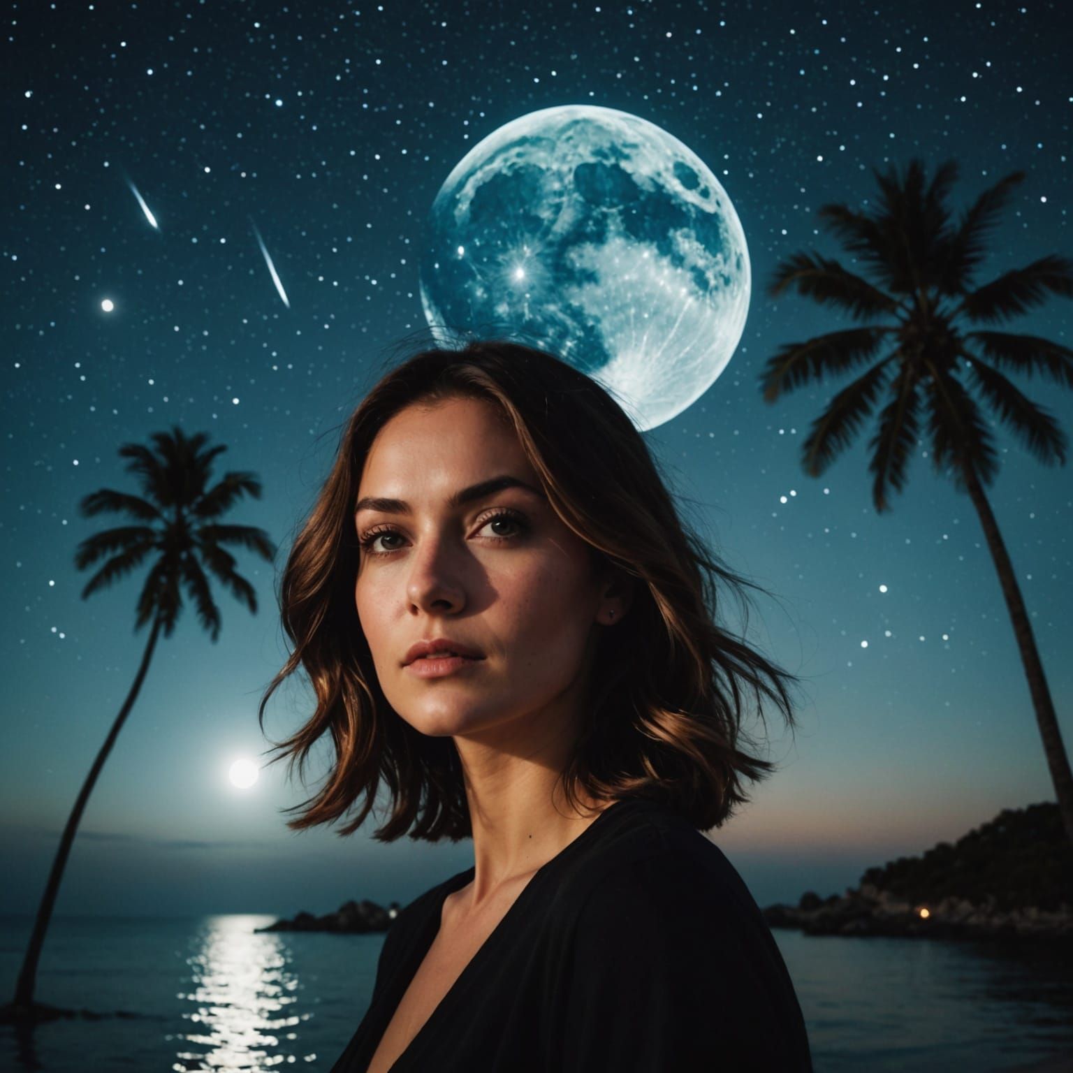 Palm Trees Under Milky Way, Moonlit Sea, Double Exposure