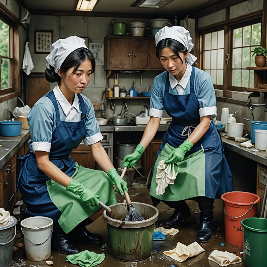 Hyperrealistic Charwomen Cleaning a Gynaecological Practice