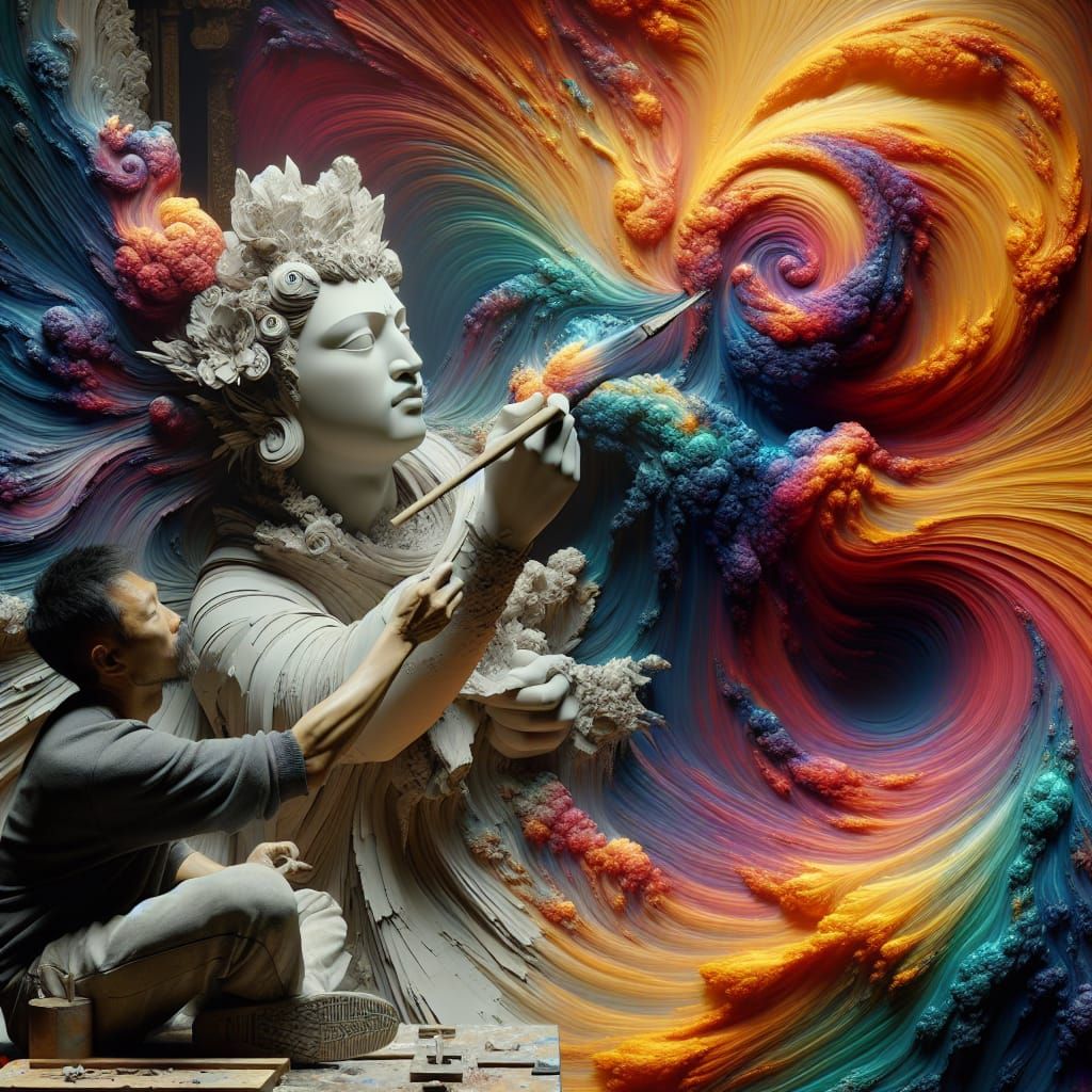 Sculptor Chiseling Colorful Fantasy Statue