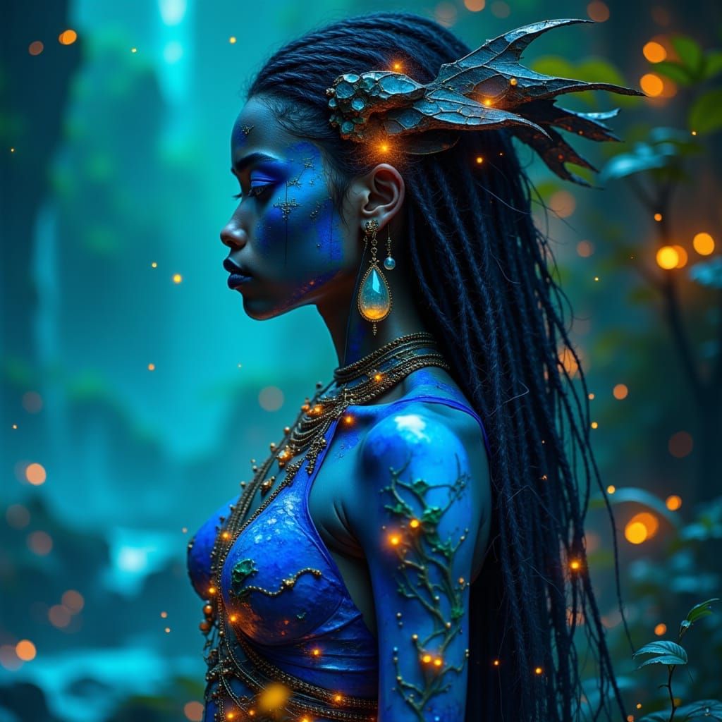 Bioluminescent Amazonian Stone Warrior in Ethereal Glow