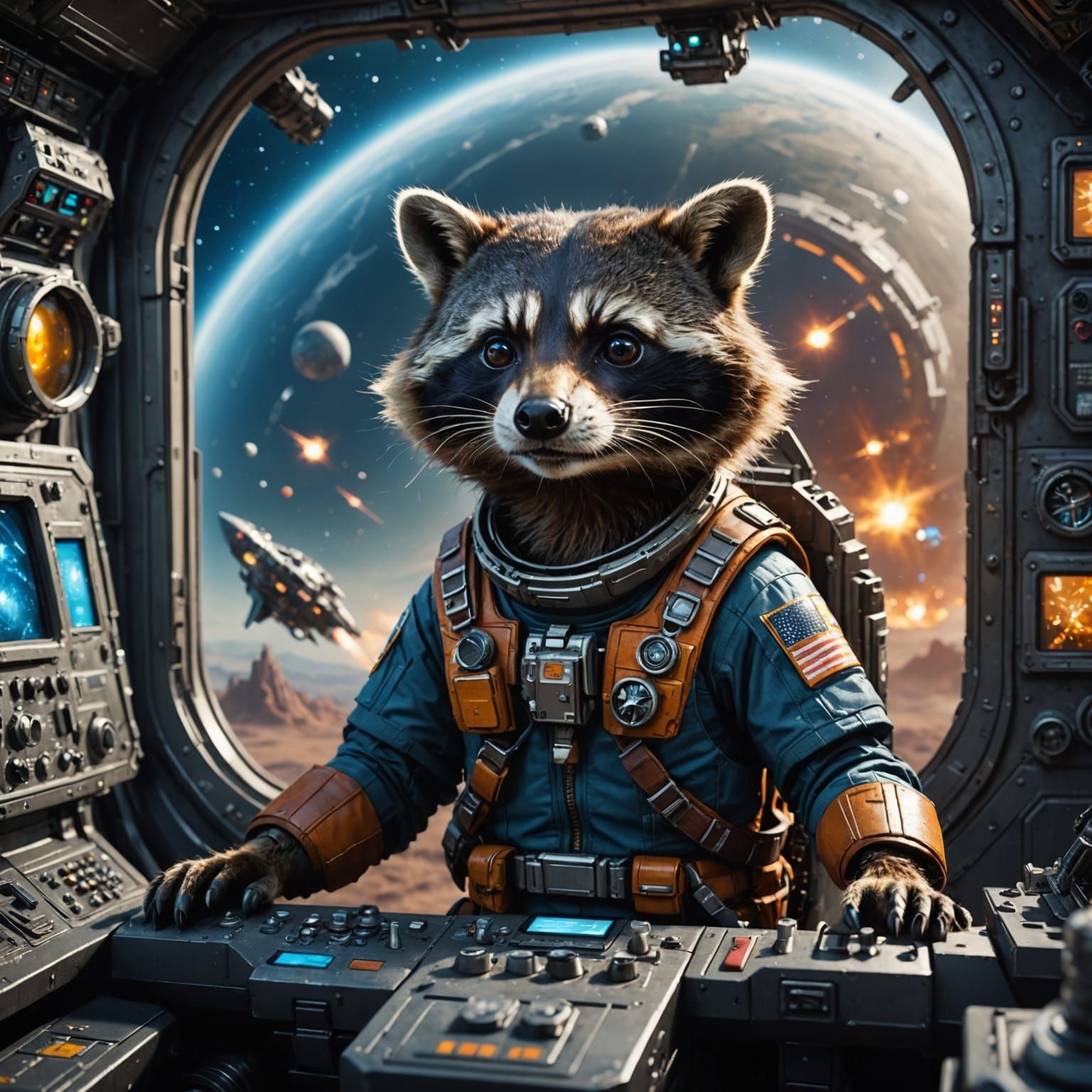 Raccoon Spacecraft Pilot in a Fantastical Galaxy