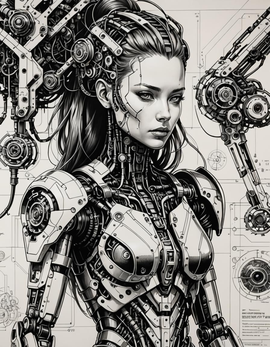 Cybernetic Woman: Technical Ink Drawing