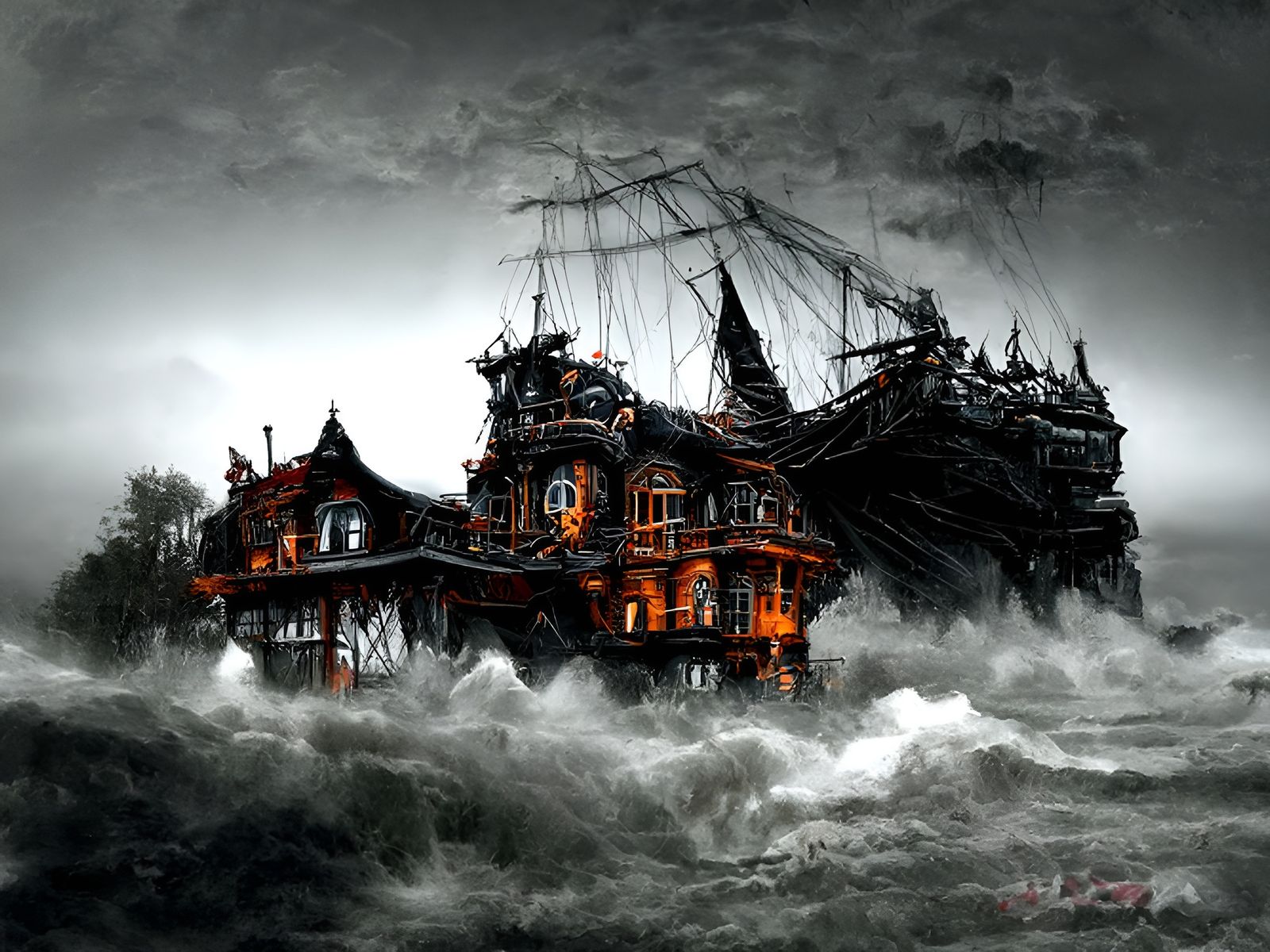 Eerie Victorian Pirate Ship House in Dieselpunk Style