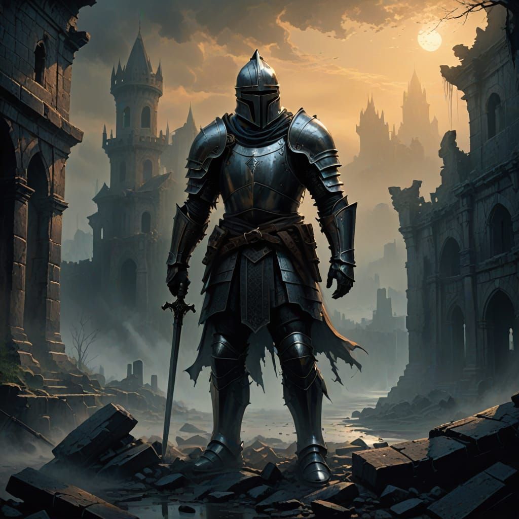 Knight at Edge of Crumbling City in Golden Hour Mist