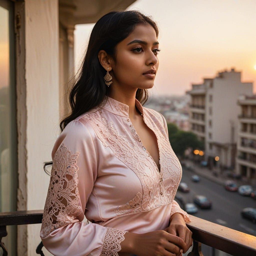 Indian Model in Pink Satin Blouse at Sunset