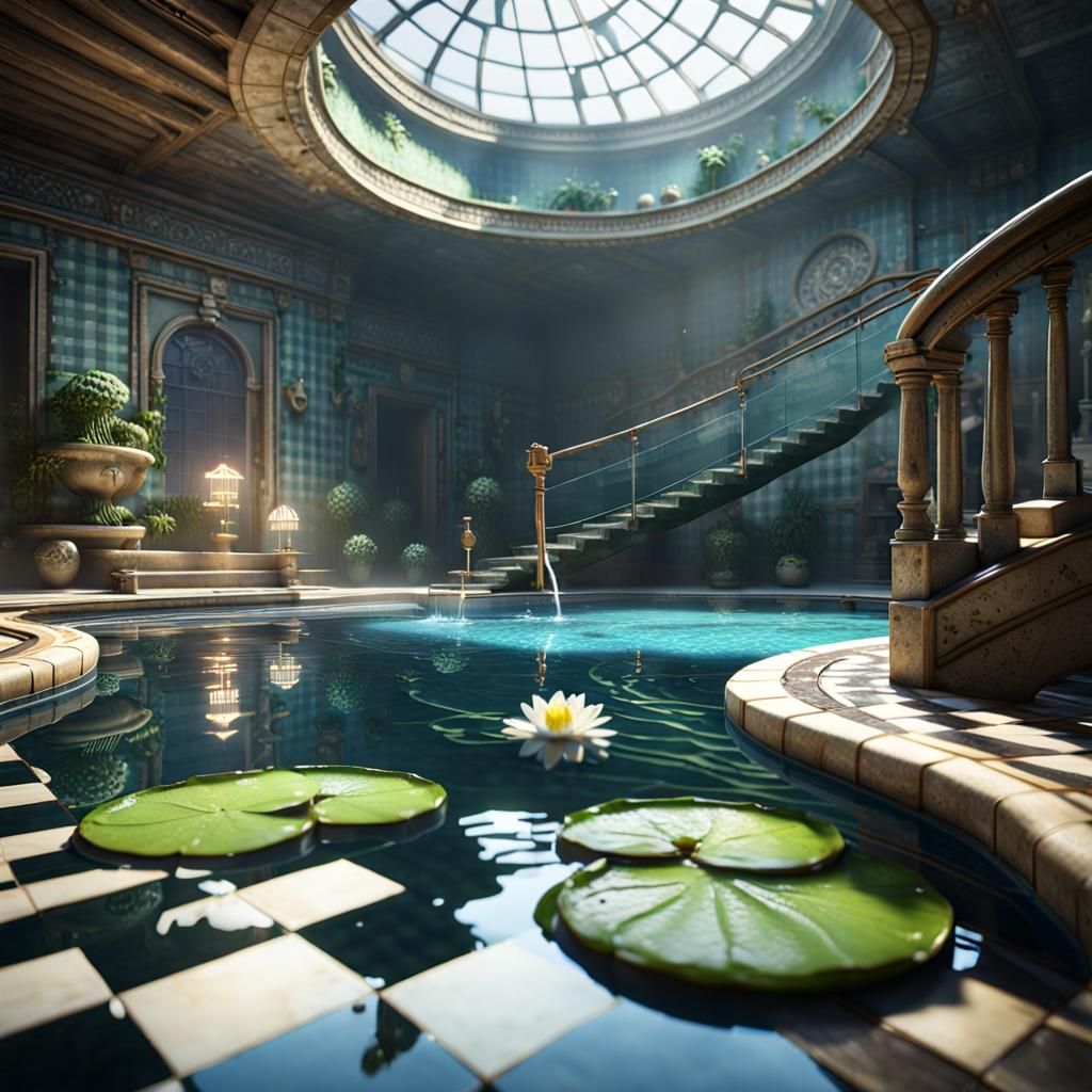 Decaying Indoor Pool Room with Checkered Tile in 3D