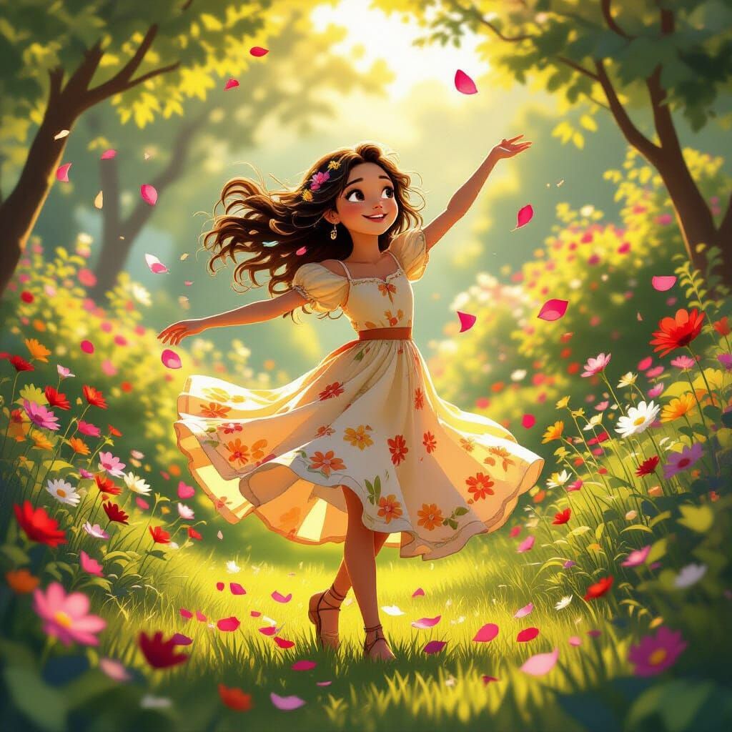 Girl Dancing in Garden, Disney Pixar Style