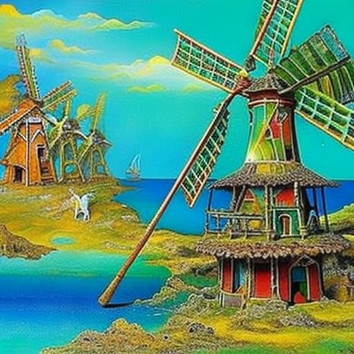 Don Quixote at Beach Windmill in Vorticism Style