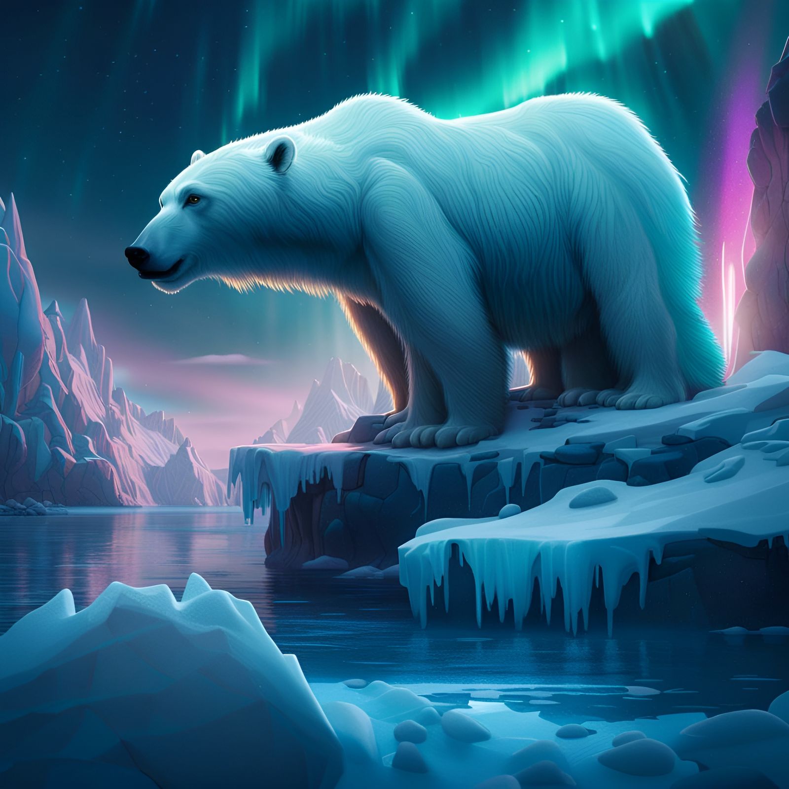 Polar Bear Under Aurora Borealis in Detailed Painting