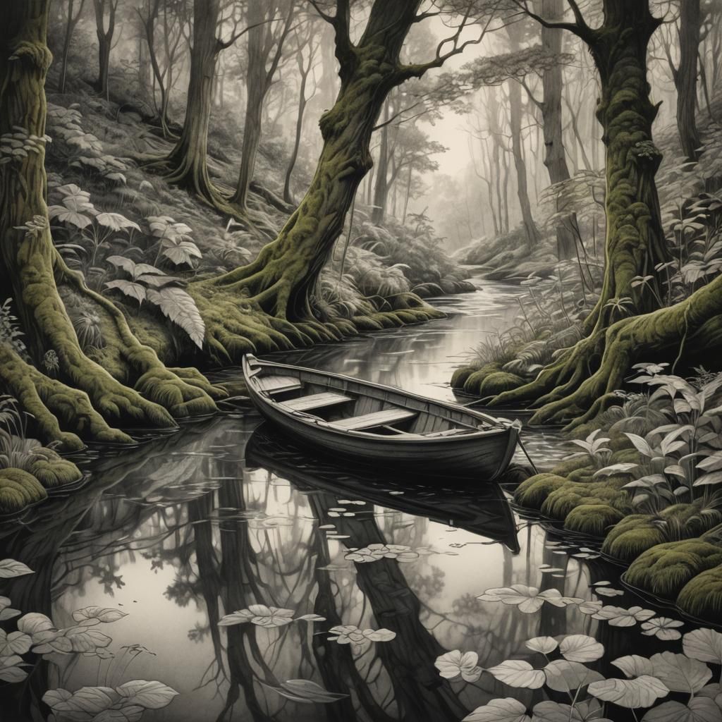 Paper Boat on Calm Stream in Charcoal Style