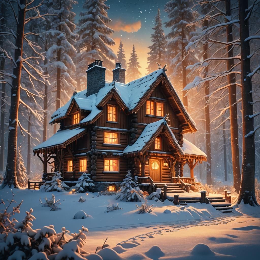 Cozy Christmas Cabin in Winter Landscape, Digital Art