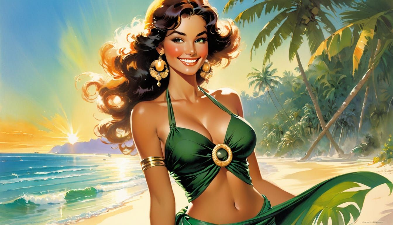 Radiant Woman on Tropical Beach in Golden Hour Light