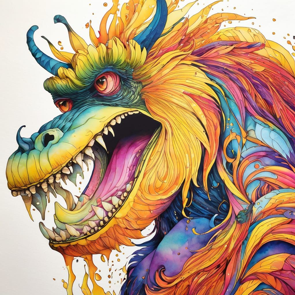 Banana intricate alcohol ink painting of a monster playing w...