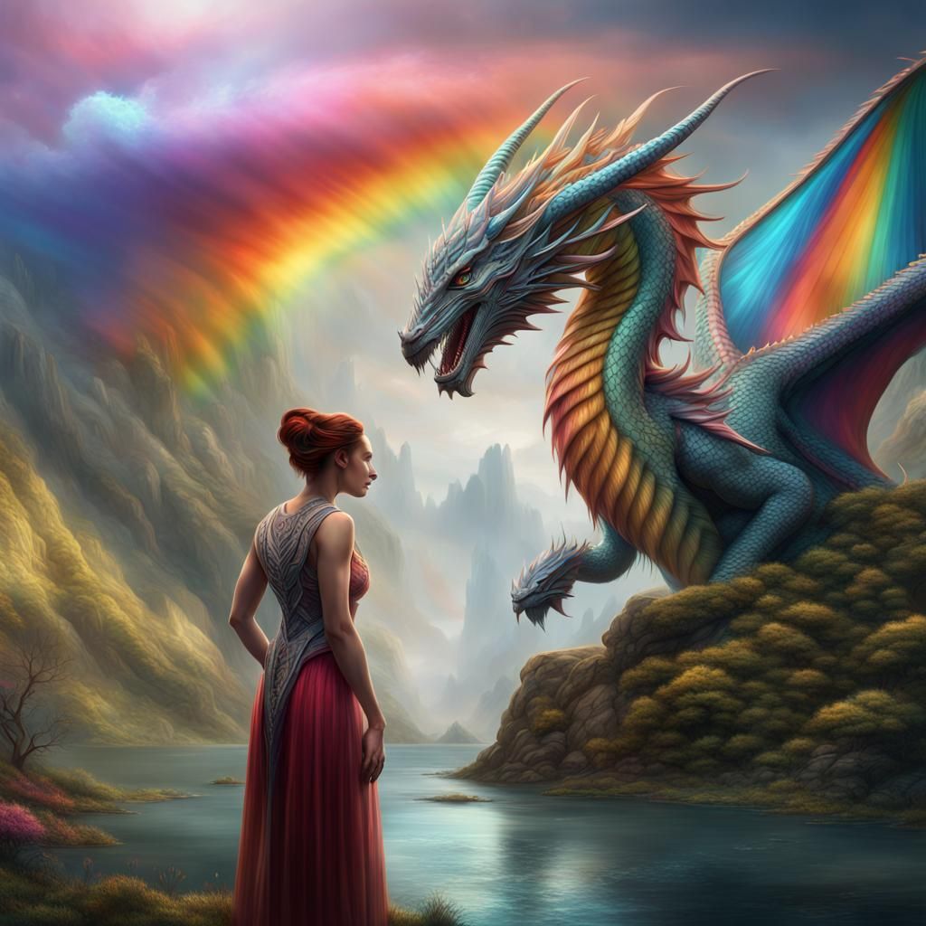 Rainbow Dragon and Woman: Epic Digital Painting