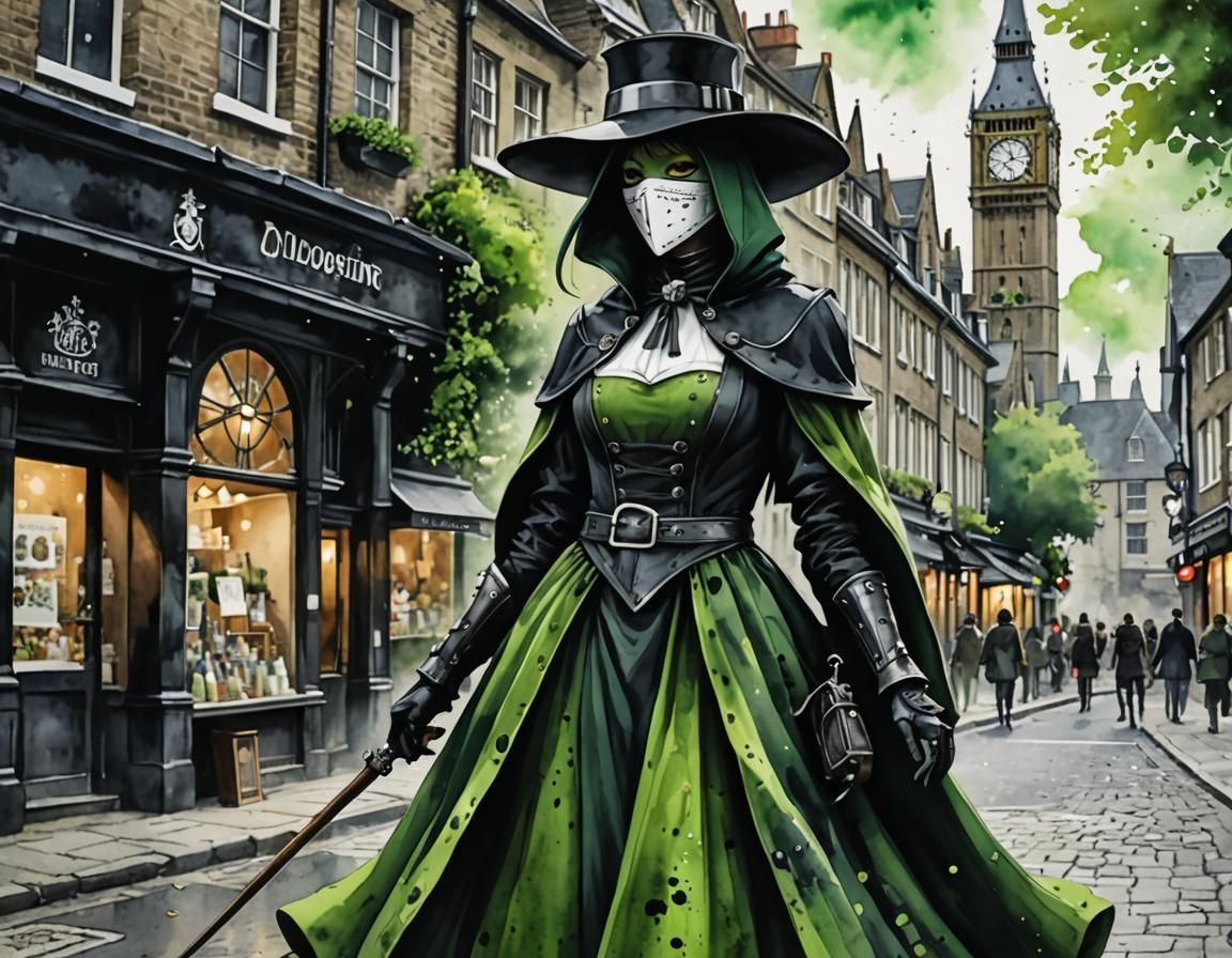 Green Plague Doctor in Medieval London: Anime Watercolor