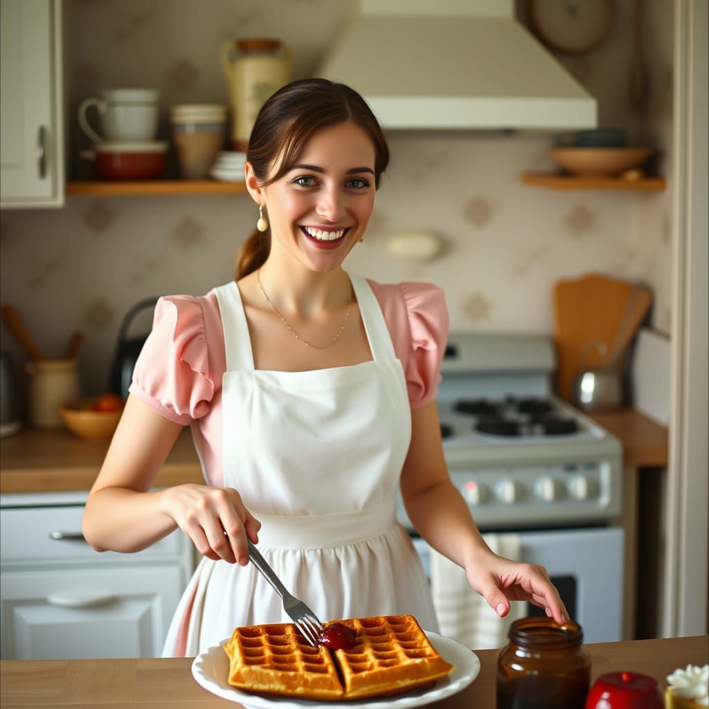 Joyful Tradwife Making Waffles, Cinematic Film Still