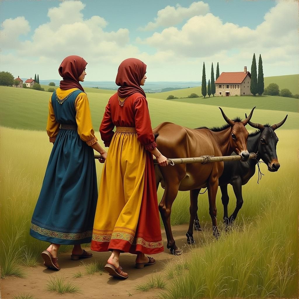 Women Working the Land in Folk Art Style