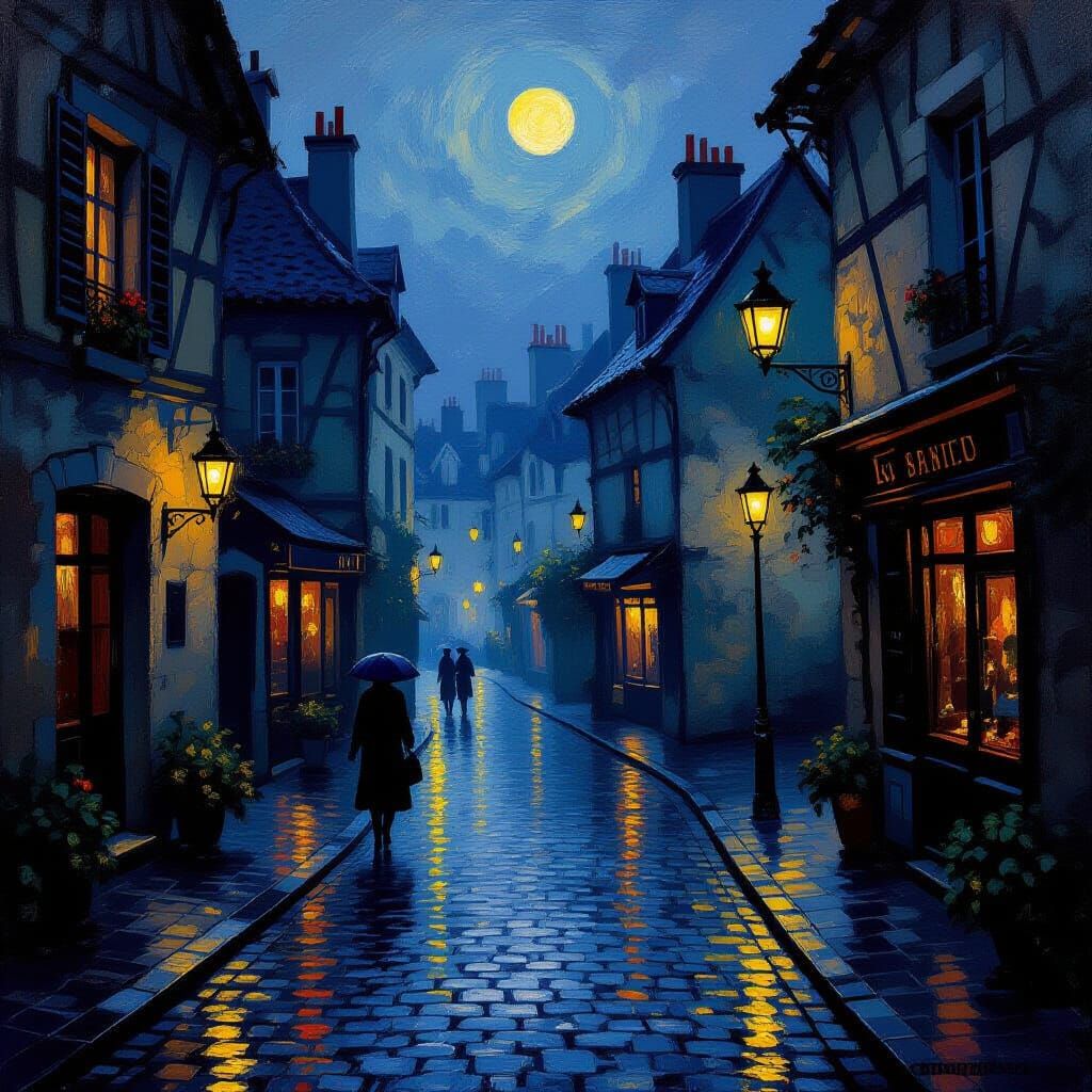 Romantic Paris at Night in Impressionist Style