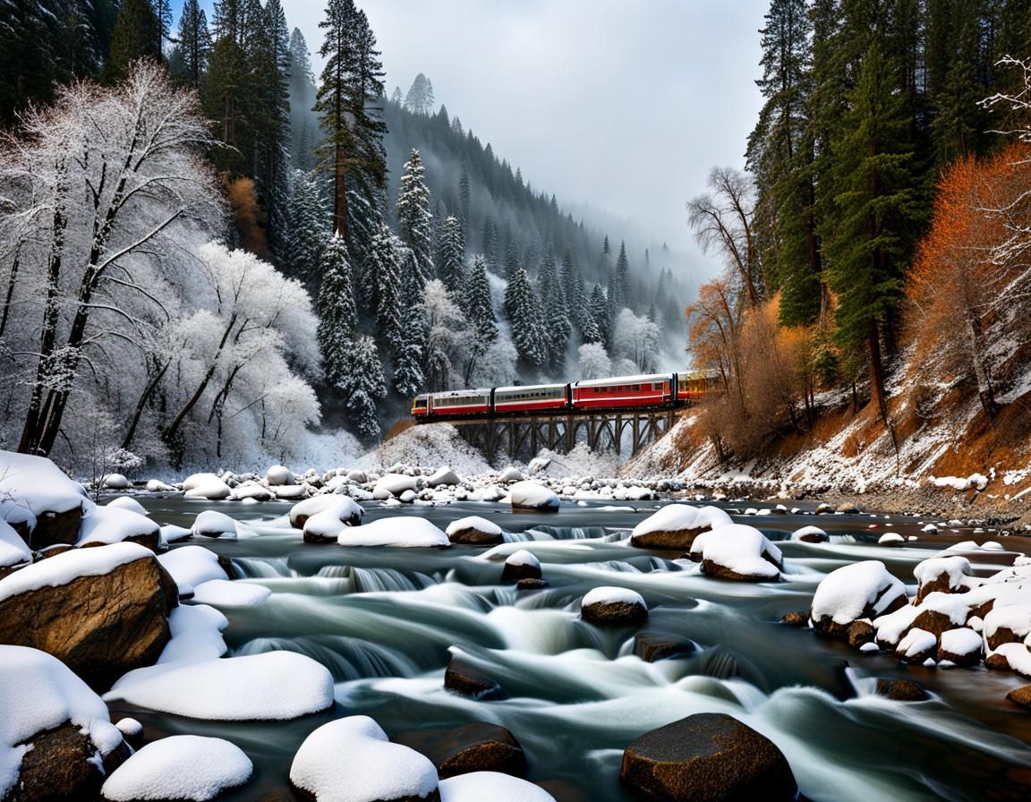 Snowy Sacramento River Train Scene, Dunsmuir California