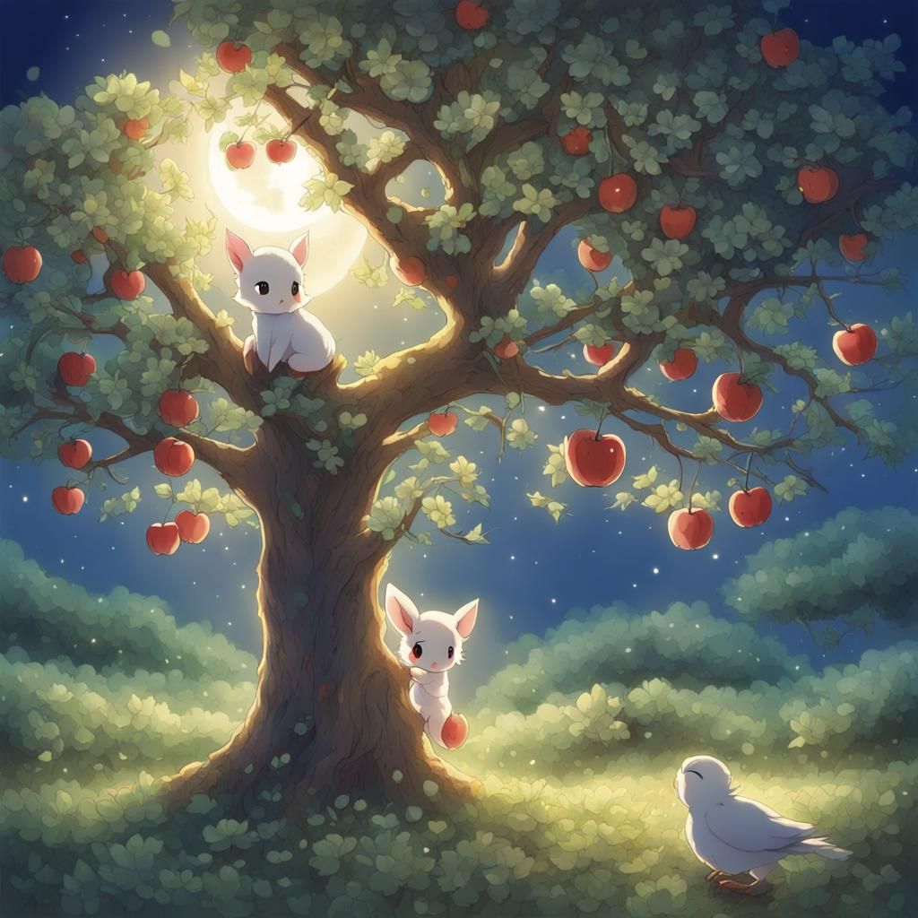 Moonlit Apple Tree with Animals in Anime Style