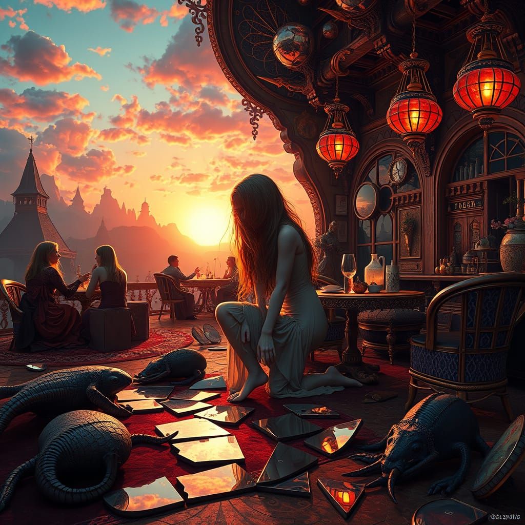 Surreal Cafe Scene with Bizarre Creatures in Maximalist Styl...