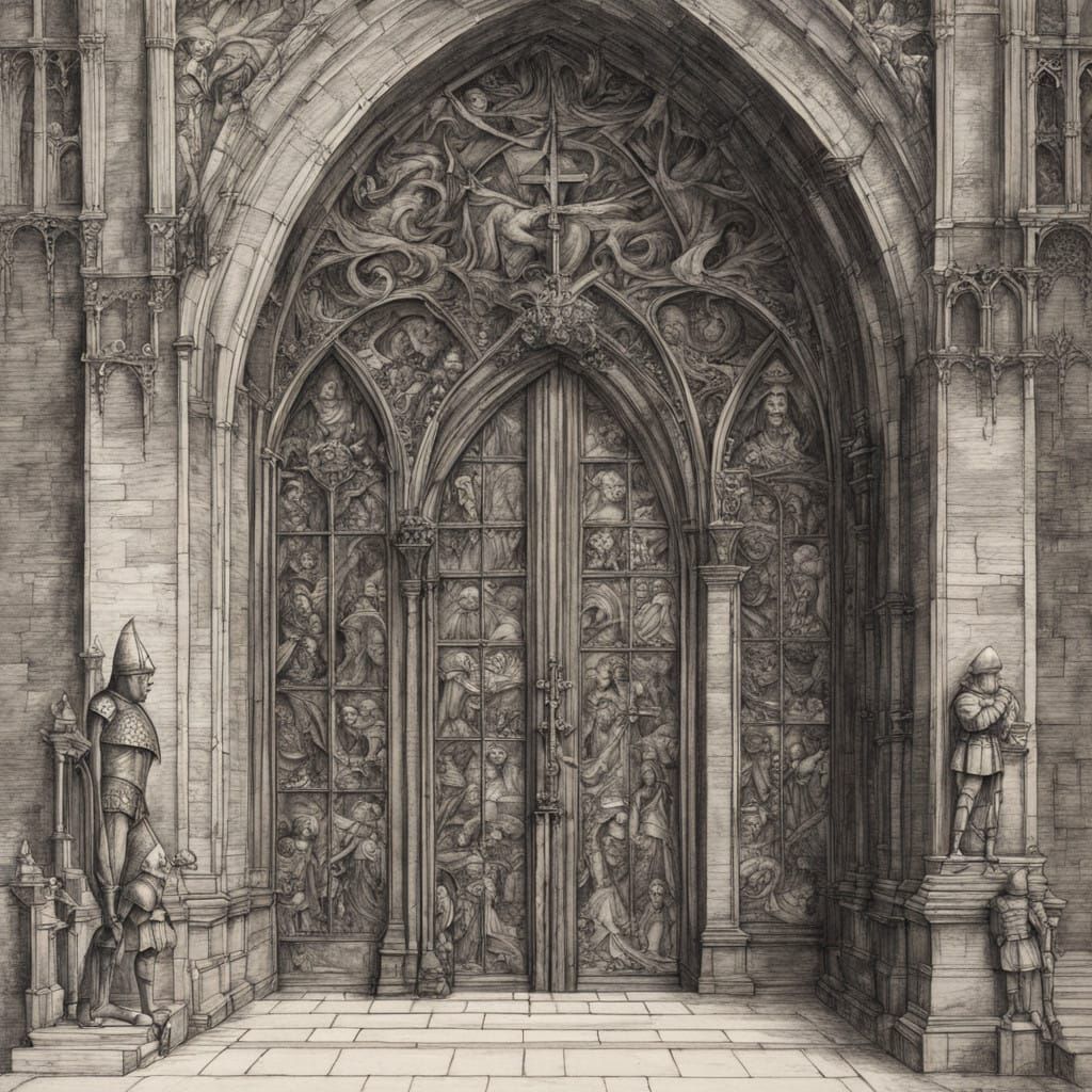 Medieval Knight Standing Guard at City Gate in Durer Style