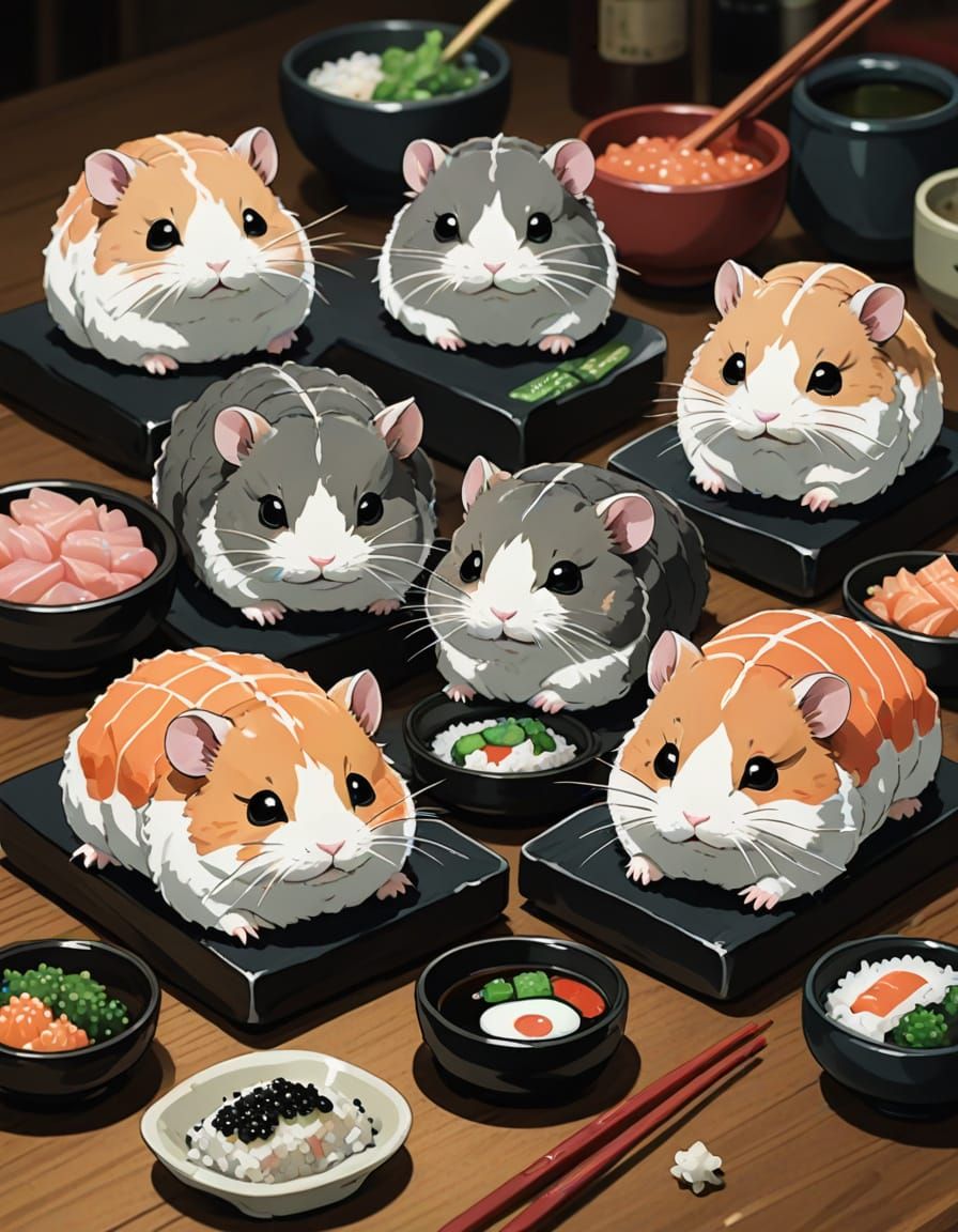 Cute Sushi Hamsters in Traditional Japanese Art Style