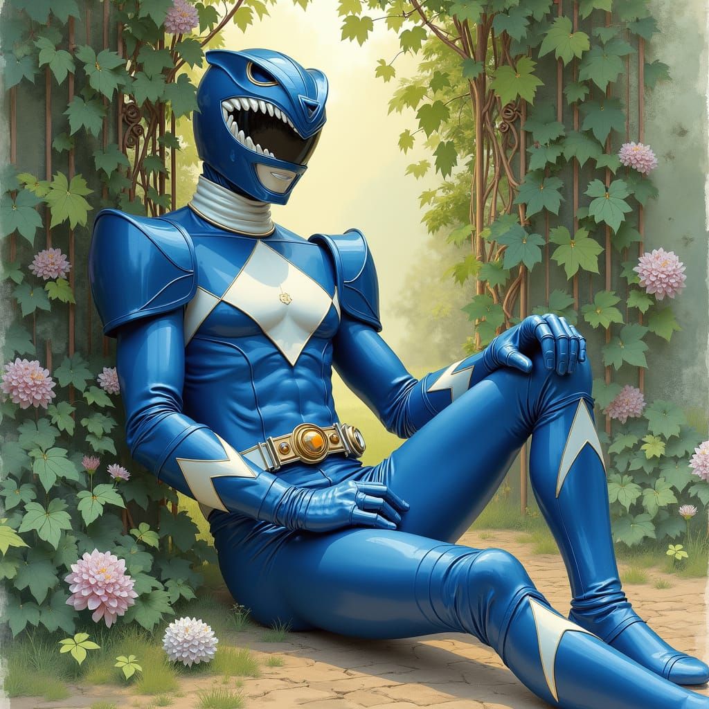 Blue Power Ranger Relaxing in Victorian Watercolor Style