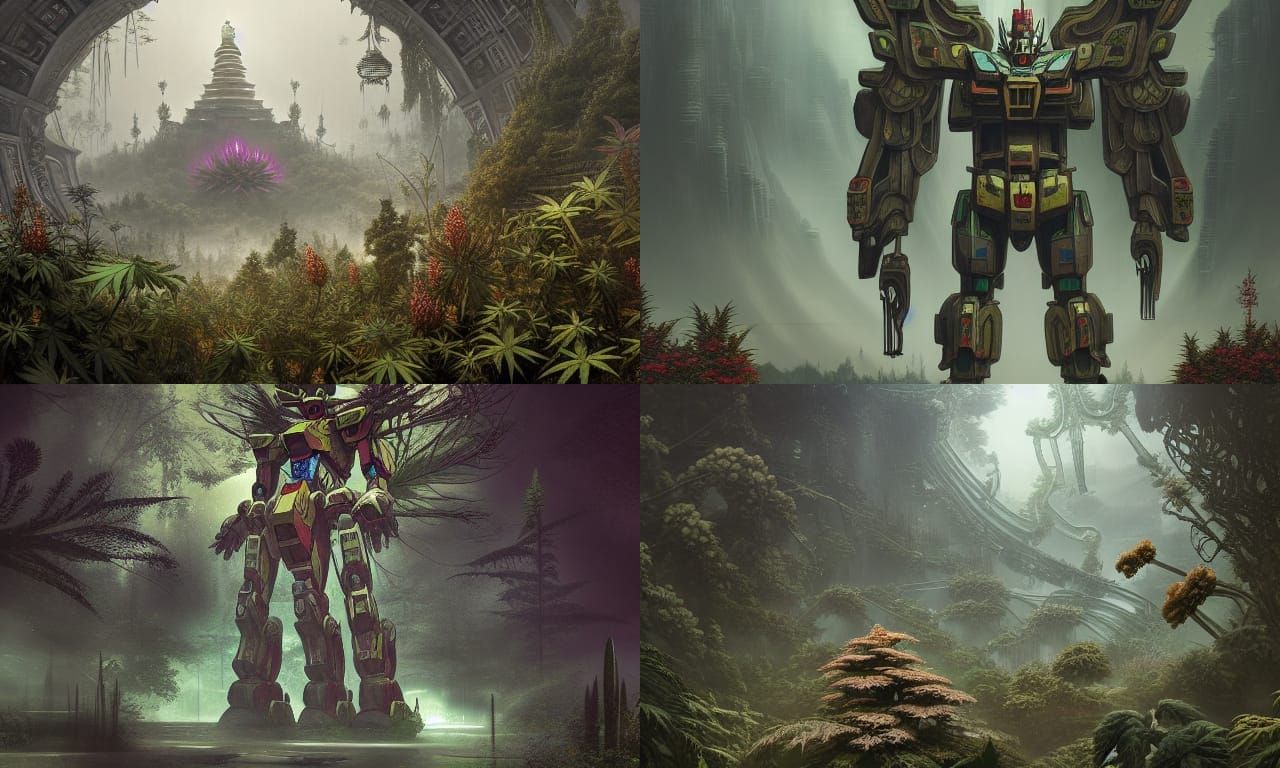 Overgrown Mecha Buddha Temple in Dark Fantasy Style