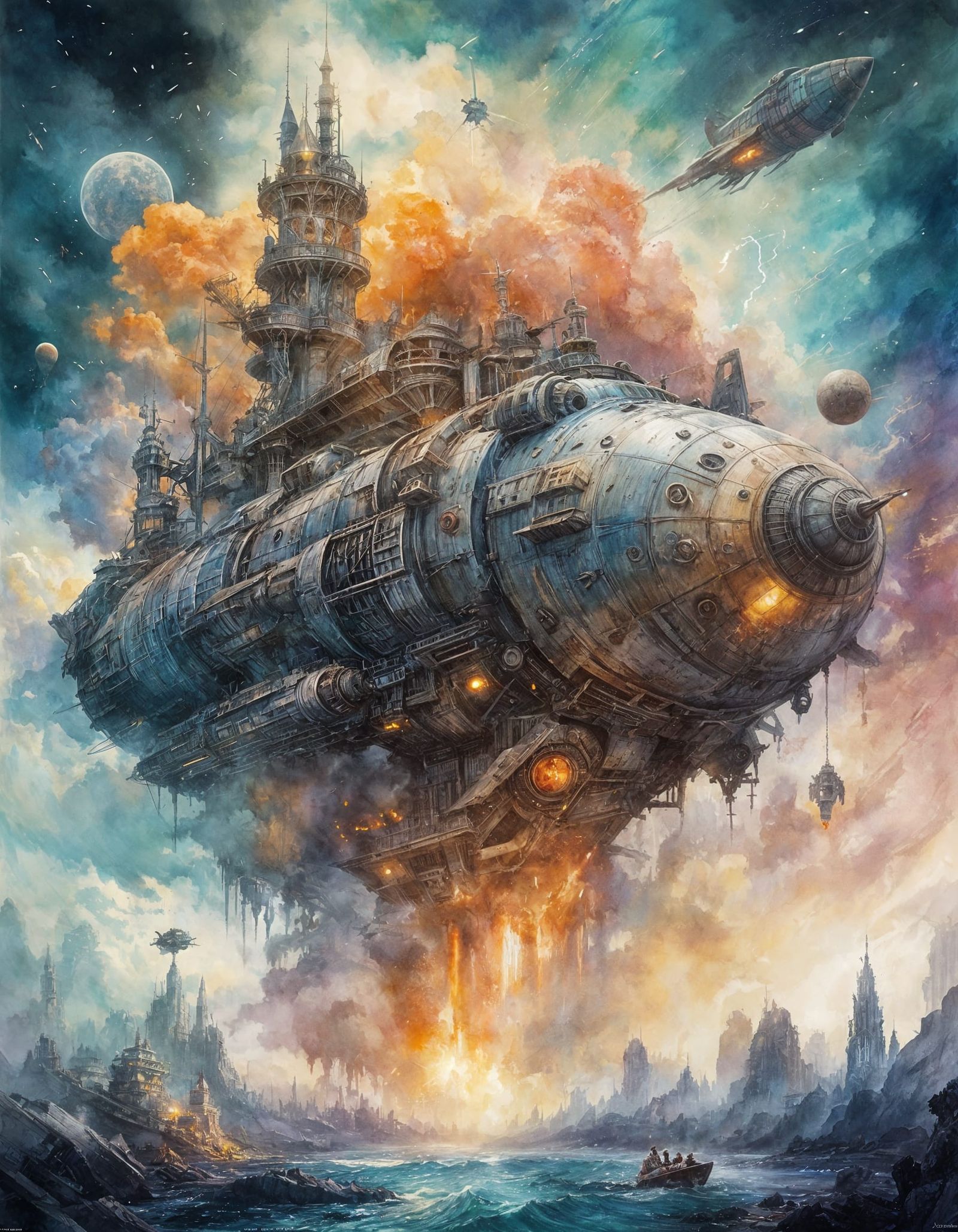 Watercolor Rocket Ship in Pastel Cinematic Style