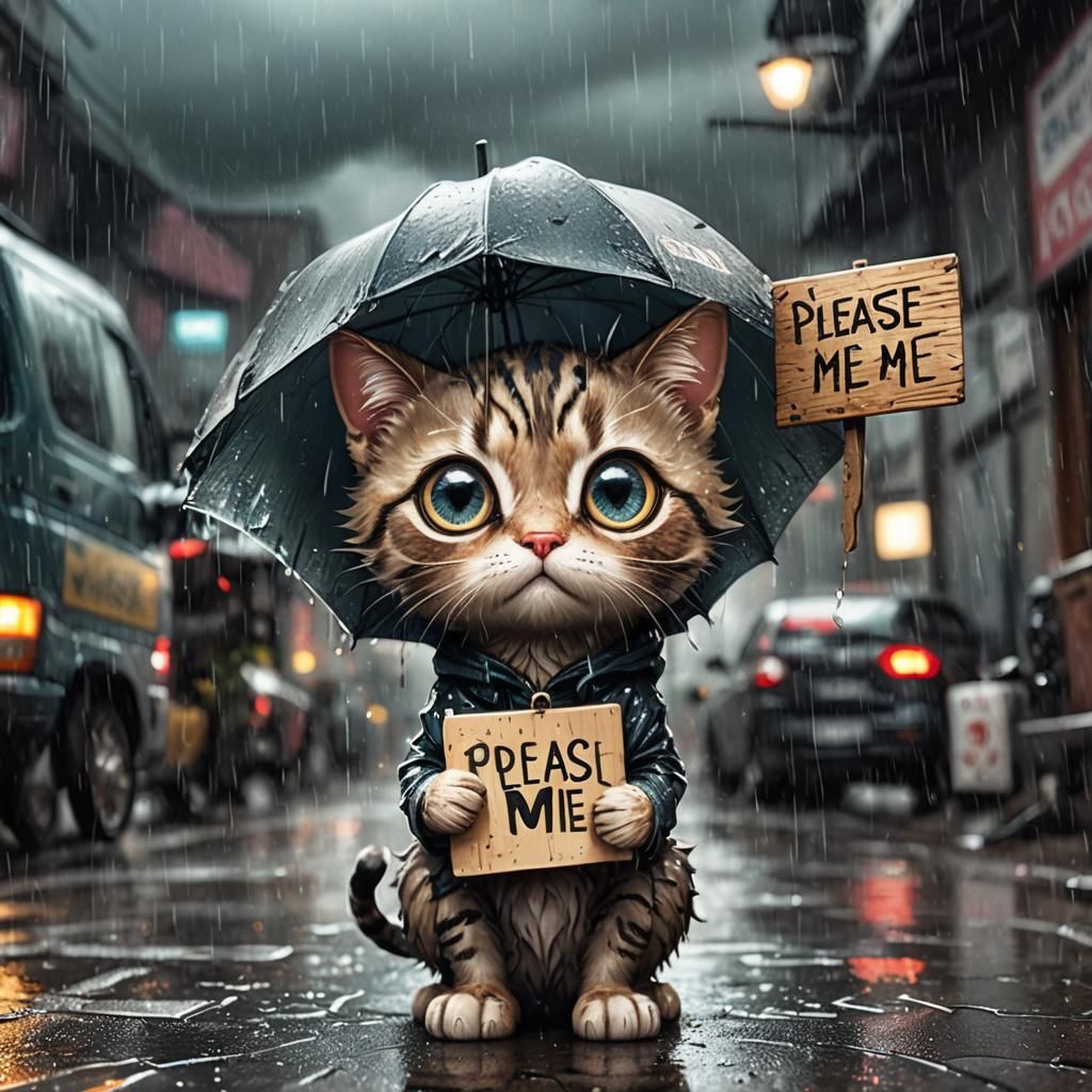 Sad Kitten in Rain: Detailed Digital Art