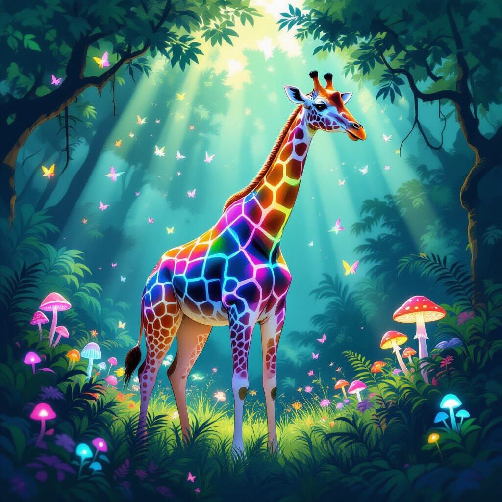 Rainbow Giraffe in Bioluminescent Rainforest