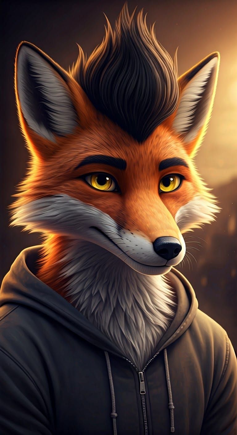 Sleek Anthropomorphic Fox with Piercing Yellow Eyes