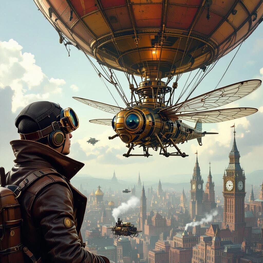 Steampunk Explorer in Dragonfly Balloon Over Victorian City