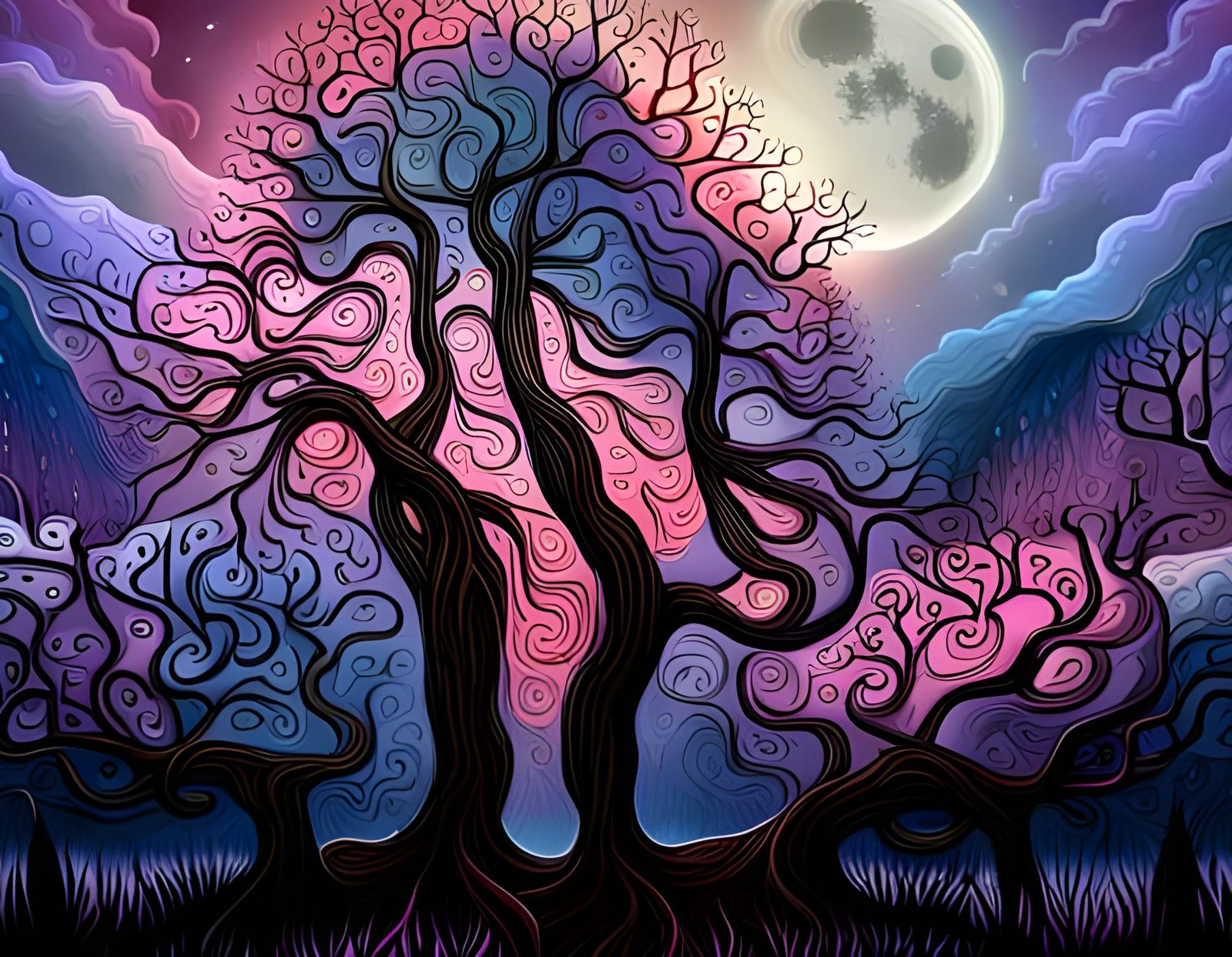 Dark Fantasy Forest with Haunted Trees in Burton Style