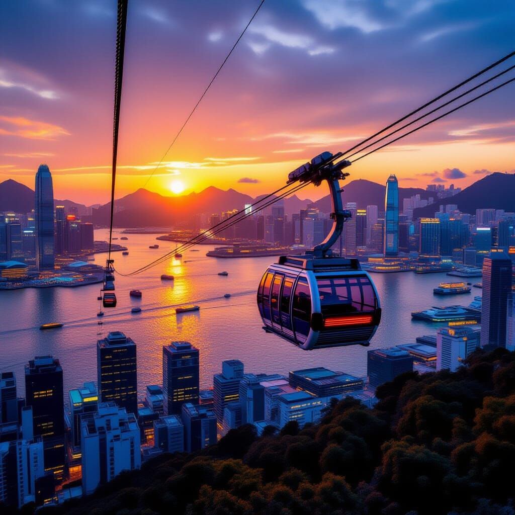 Hong Kong Sunrise with Cable Car in Futuristic Style