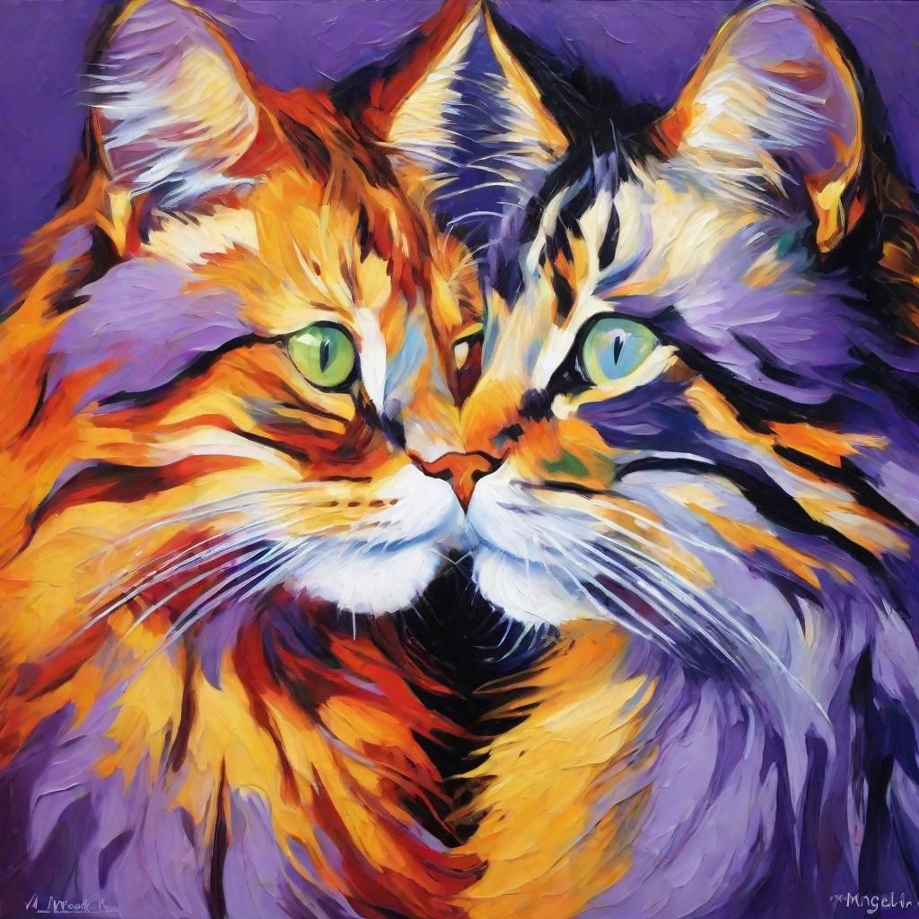 Two Huge Cats Face-to-Face in Fauvist Expressionism