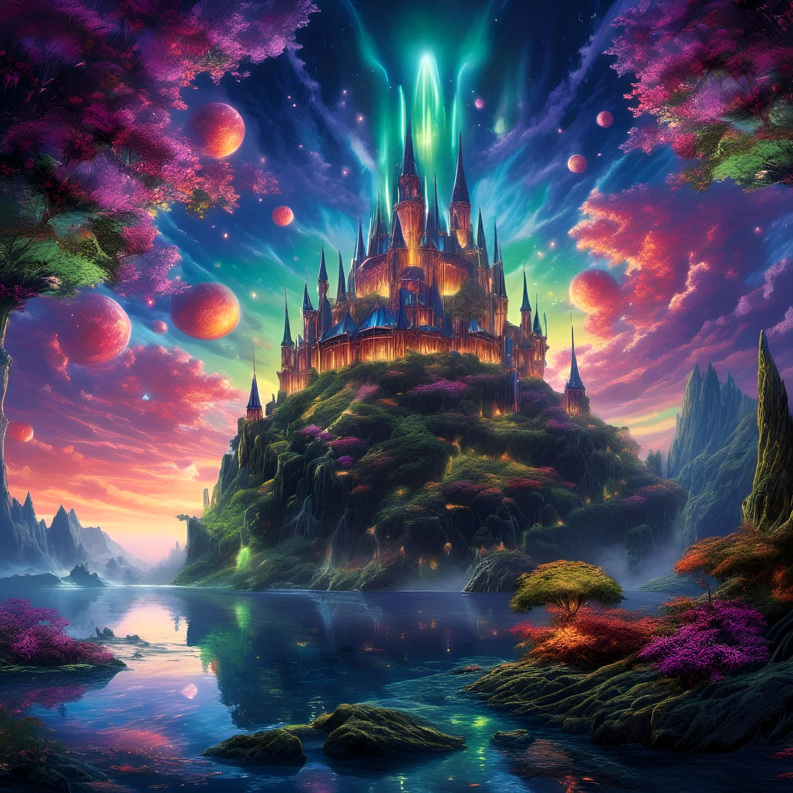 Underwater Castle with Glowing Orbs in Game Style