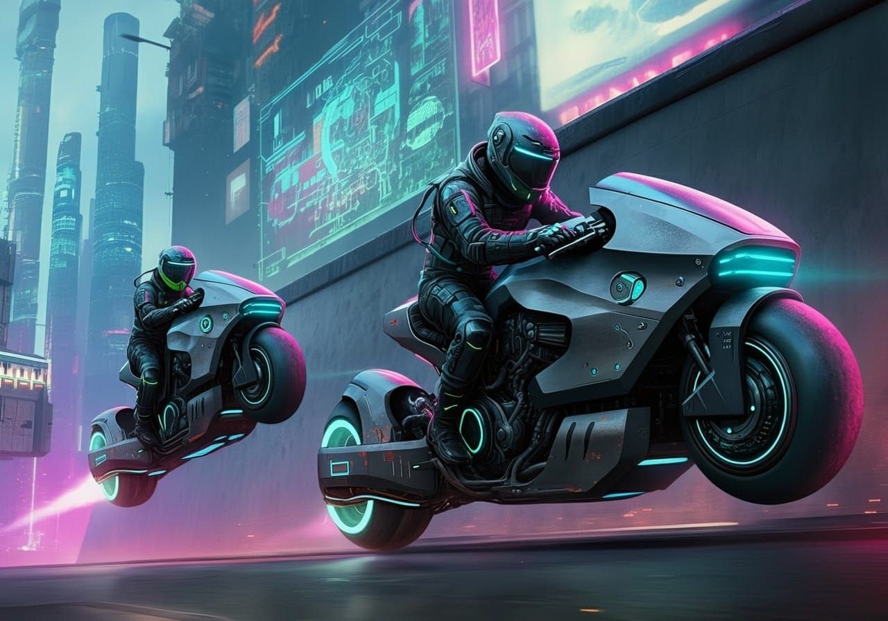 Cyberpunk Motorcyclists Defy Gravity in Futuristic City