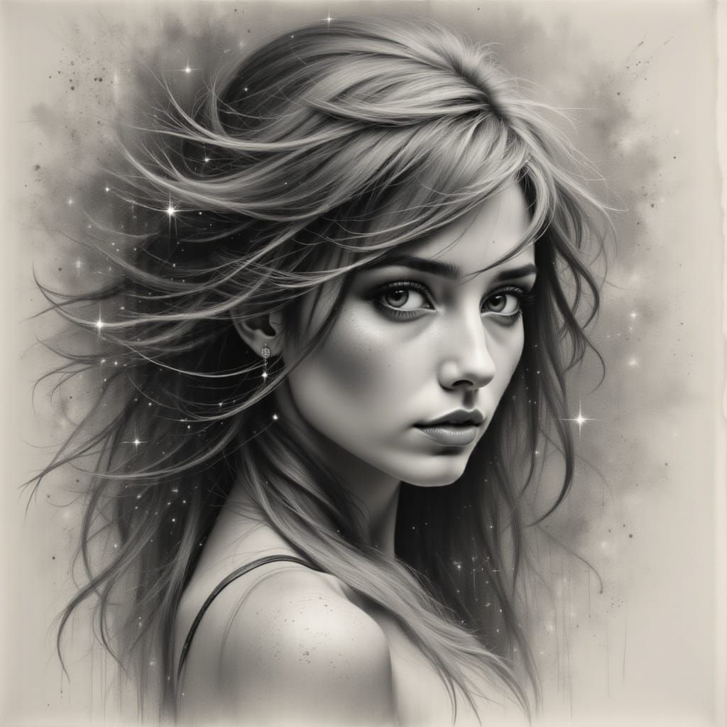 Ethereal Woman Portrait Sketch in Charcoal Style