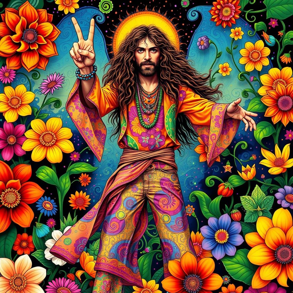 Groovy Psychedelic Hippie Surrounded by Vibrant Flowers in a...