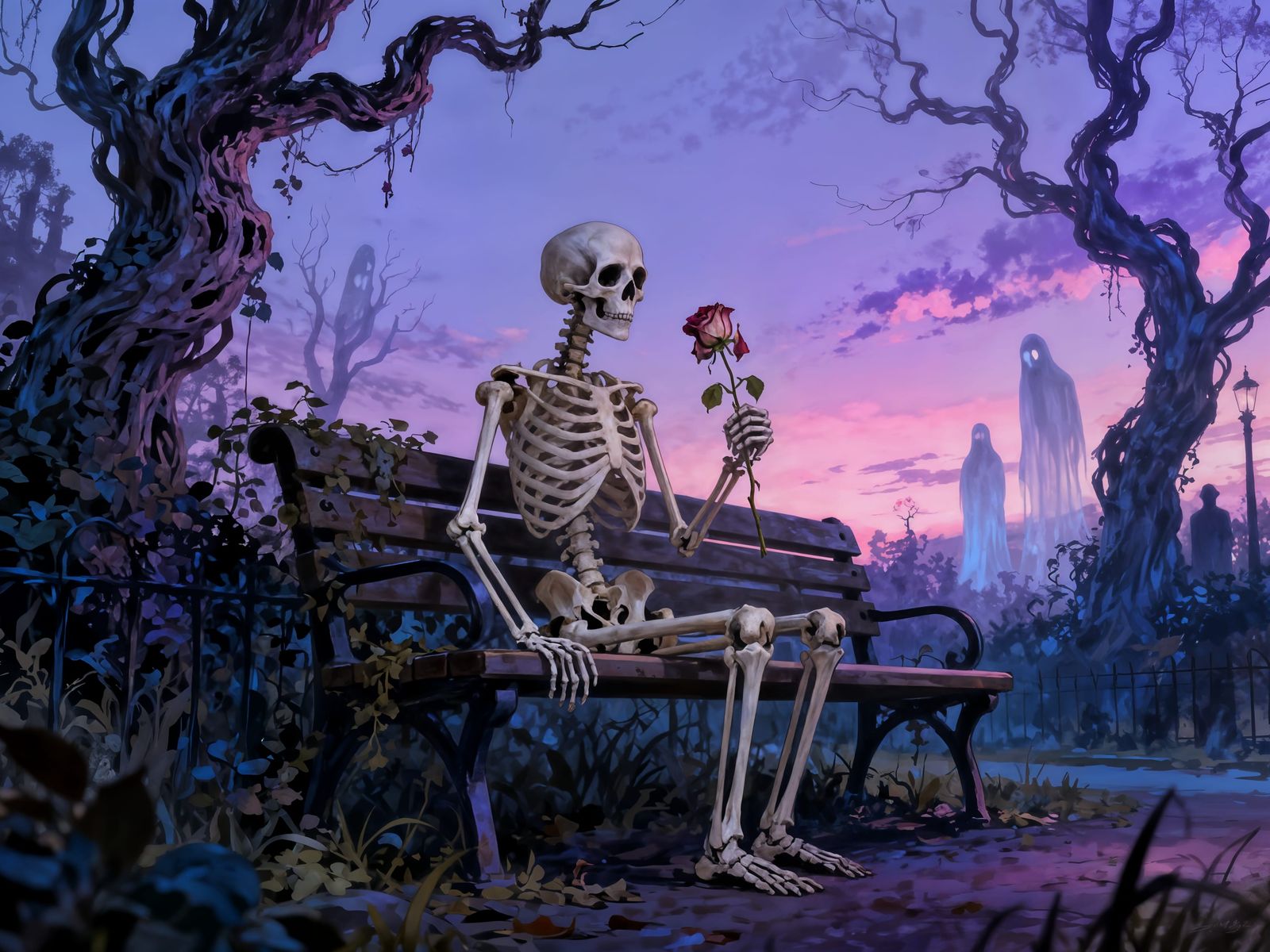 Melancholic Skeleton with Rose in Eerie Twilight Park