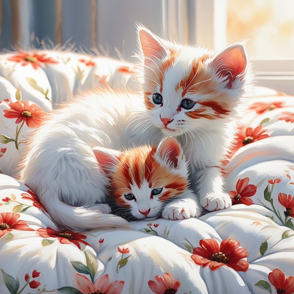 Whimsical Watercolor Scene with Playful Kittens and Floral P...